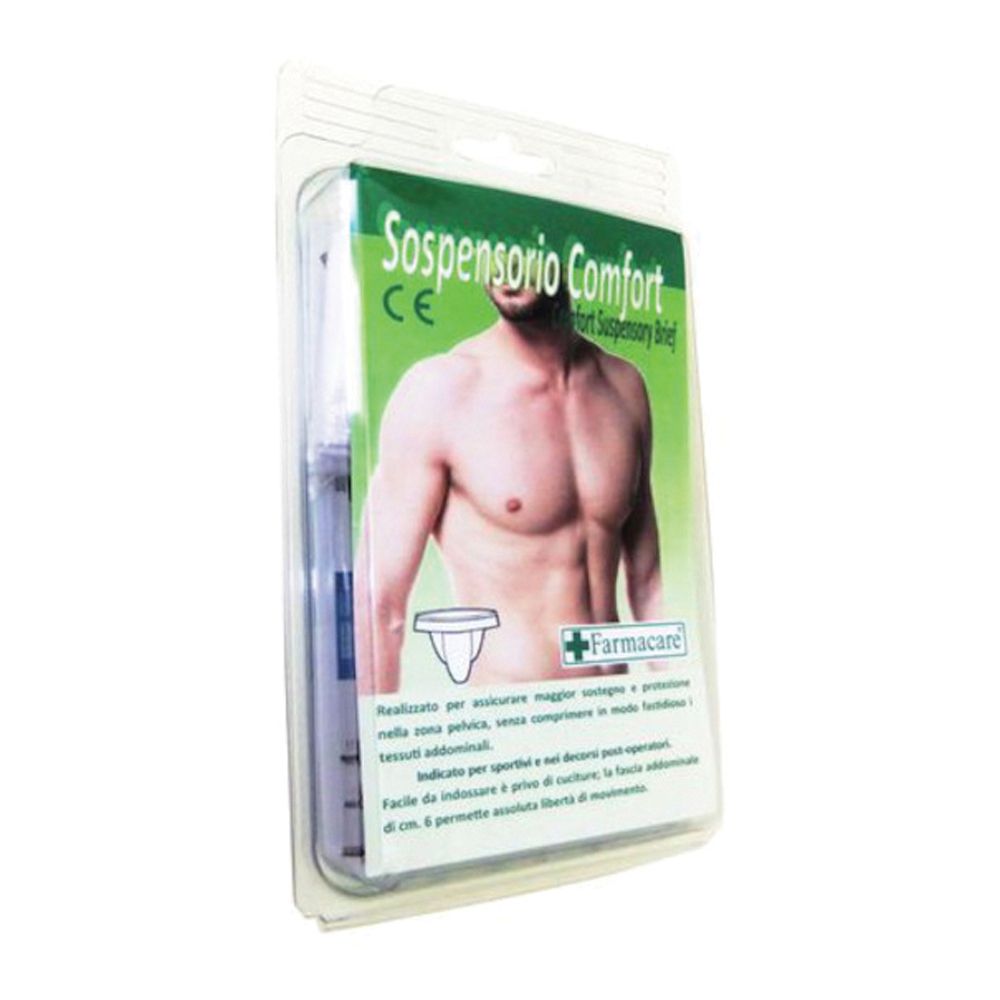 Confezione di Sospensorio Comfort. Immagine di un uomo. Testo: Sospensorio Comfort, marchio CE, logo Farmacare.