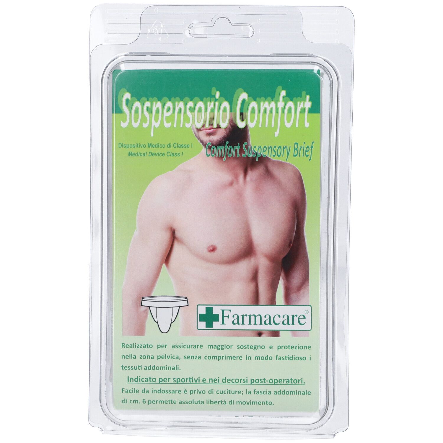 Confezione di Sospensorio Comfort. Uomo su sfondo verde. Testo: Sospensorio Comfort, logo Farmacare.