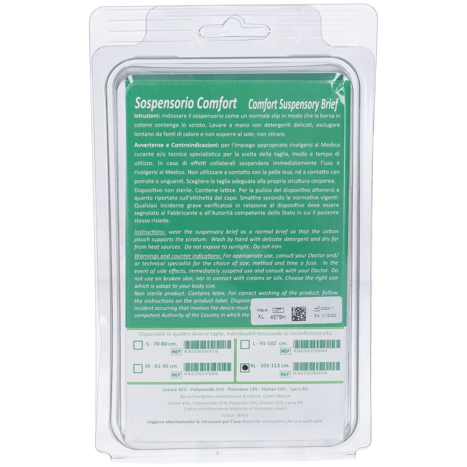 Retro della confezione di Sospensorio Comfort. Testo: Sospensorio Comfort, istruzioni, indicazioni taglia.