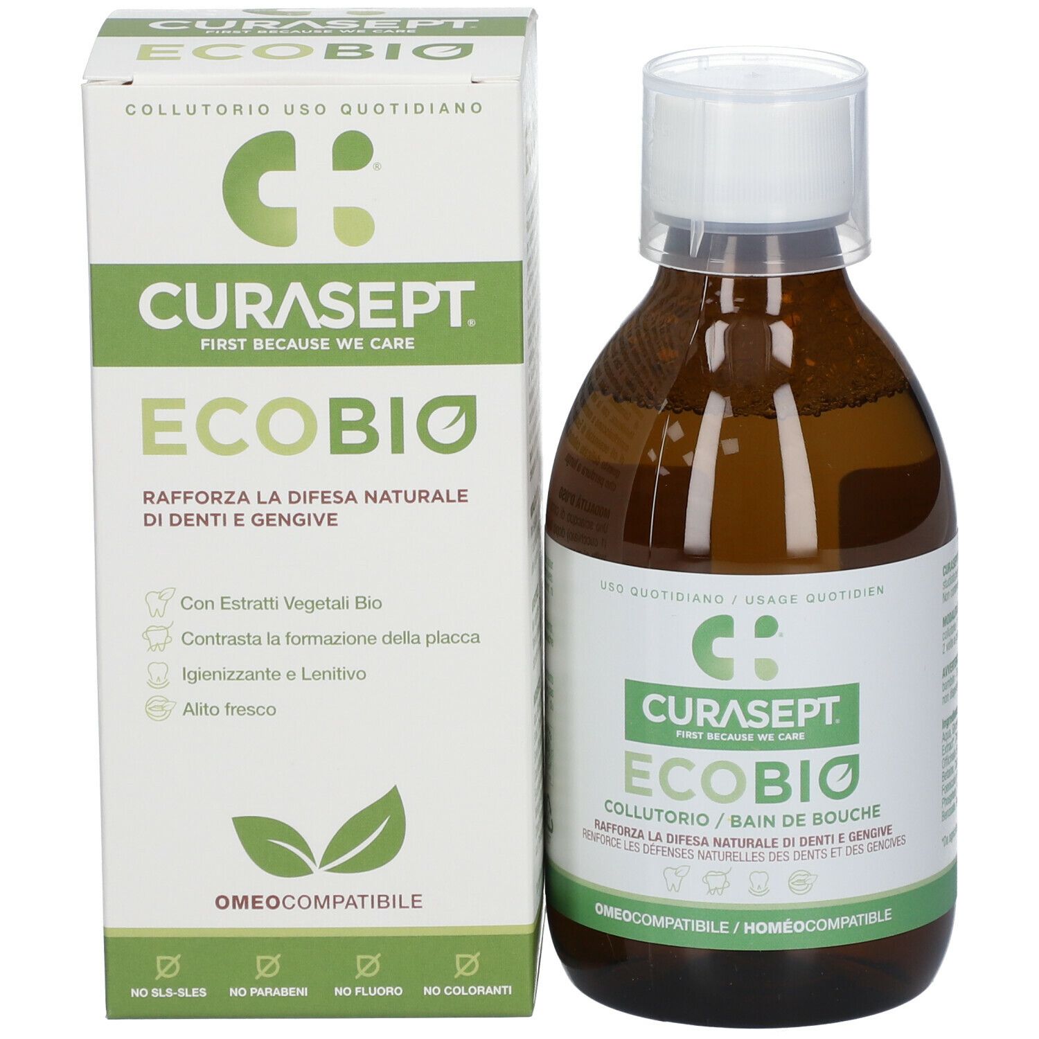 Flacone marrone e scatola. Scritta: CURASEPT ECOBIO, collutorio. Scatola con informazioni sul prodotto e loghi.