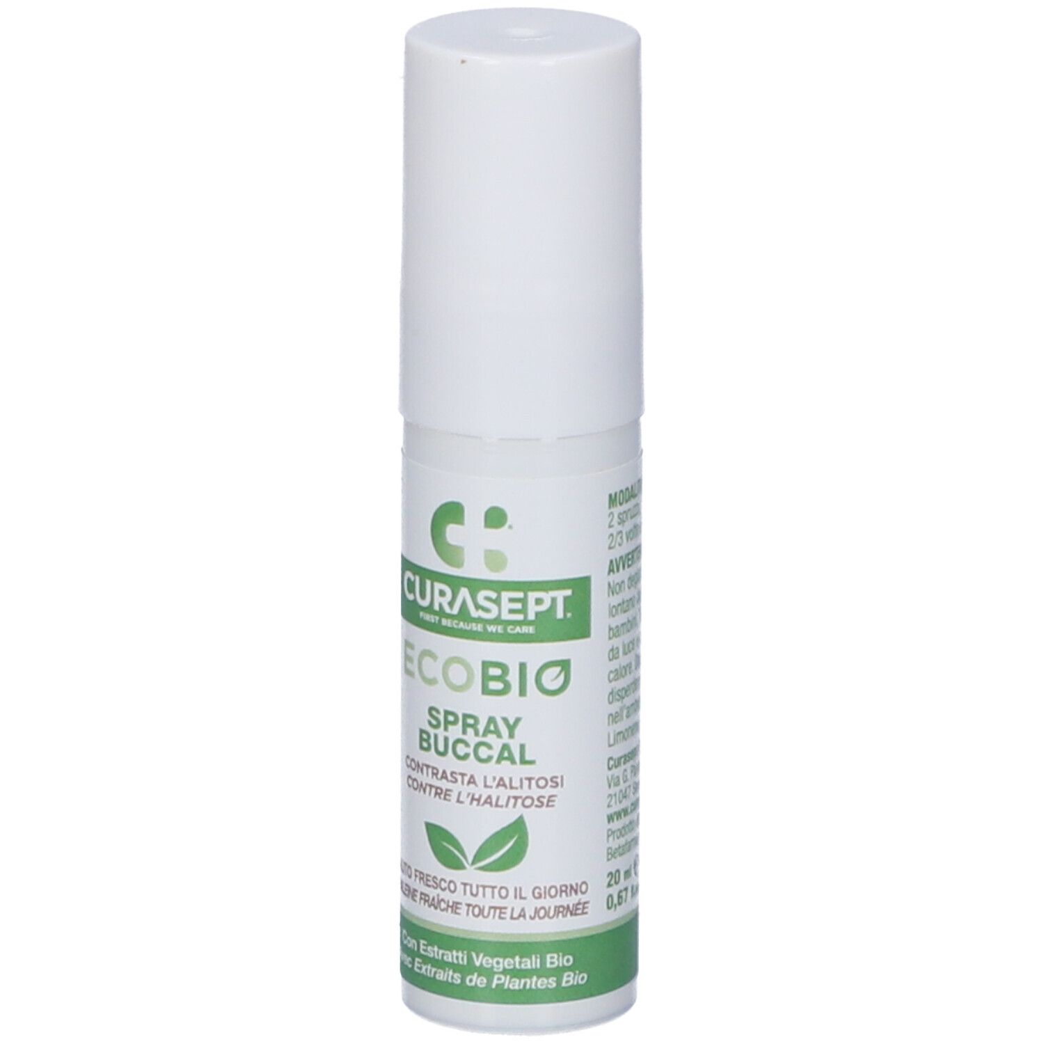 Weiße Sprühflasche mit grünem Etikett: CURASEPT ECOBIO SPRAY BUCCAL, 20 ml.