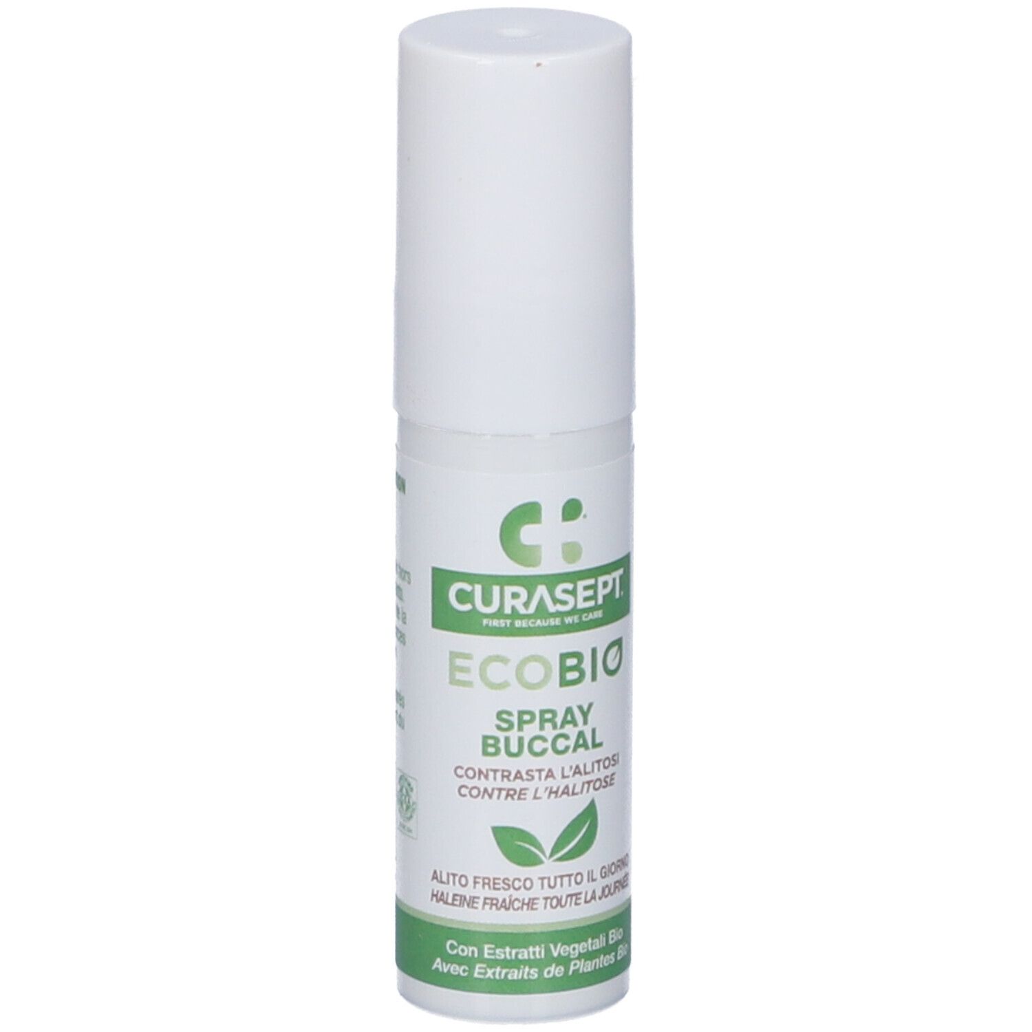 Curasept Ecobio Mundspray in weißer Sprühflasche mit grünem Etikett.
