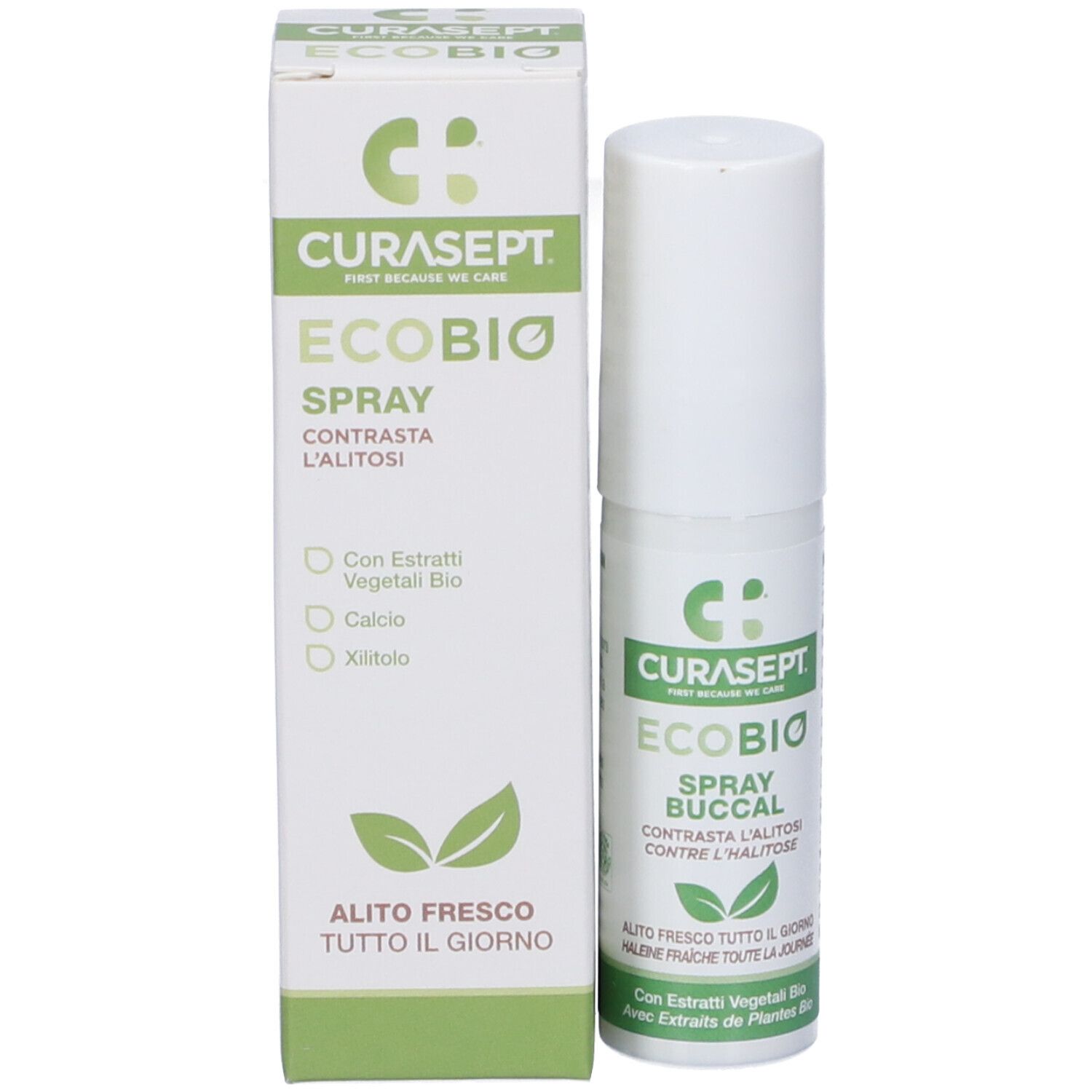 Curasept Ecobio Spray: Mundspray gegen Mundgeruch mit pflanzlichen Extrakten, Kalzium und Xylitol.