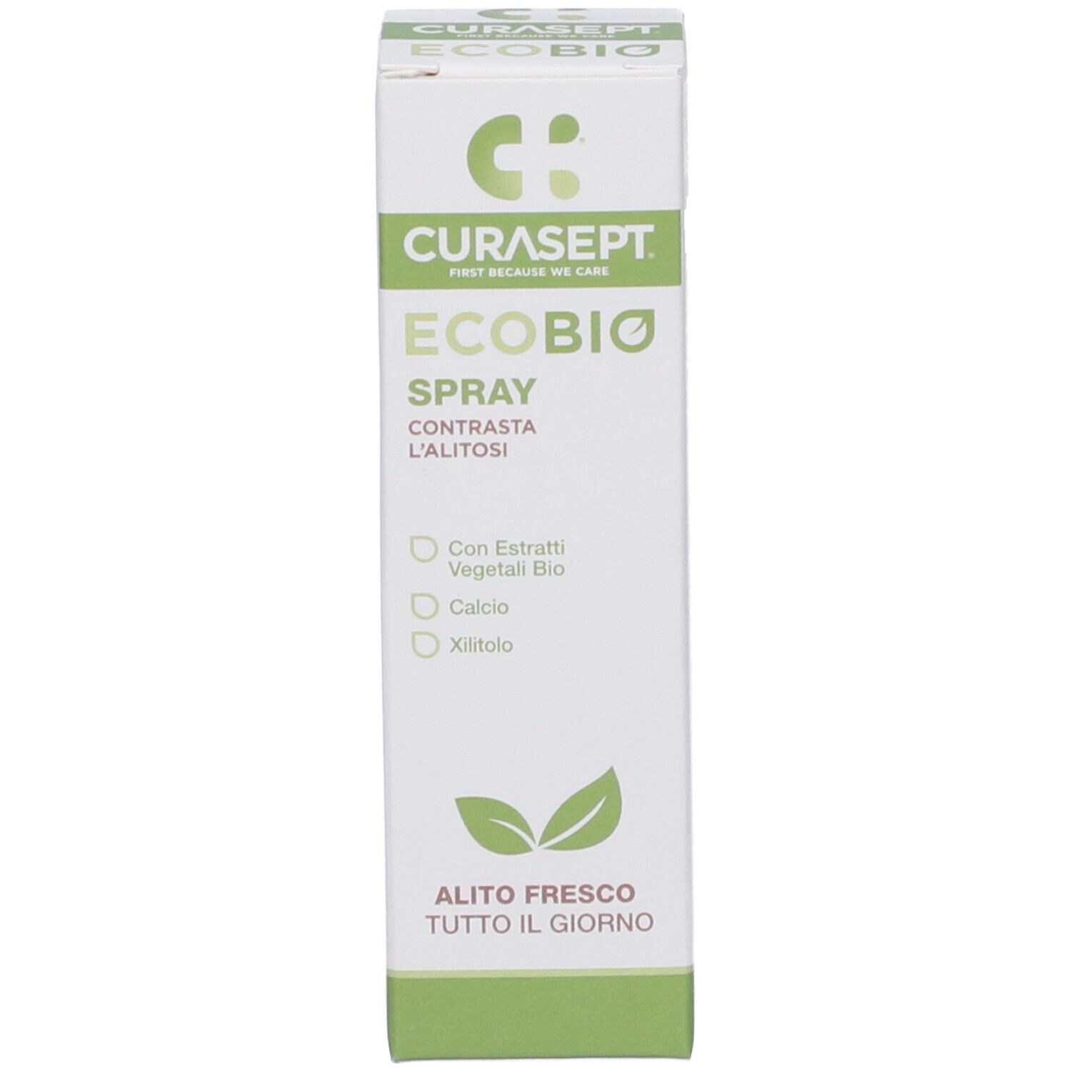 Curasept Ecobio Spray gegen Mundgeruch mit pflanzlichen Extrakten, Kalzium und Xylitol.