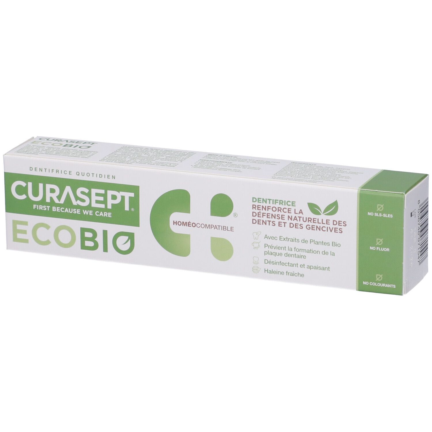 Curasept Ecobio Zahnpasta-Tube mit grüner Schrift auf weißem Karton. "Homeokompatibel" und "Mit Bio-Pflanzenextrakten" sind aufgedruckt.