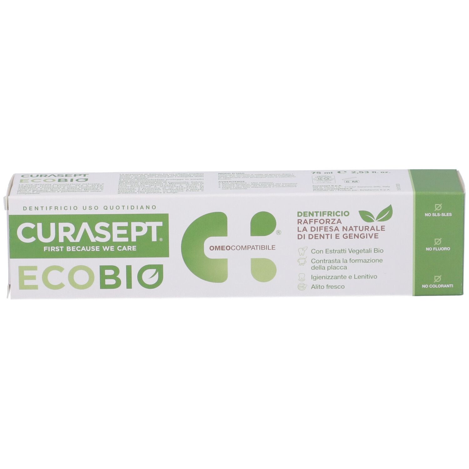 Curasept Ecobio Zahnpasta-Verpackung mit grünen und weißen Akzenten. Enthält Informationen über Inhaltsstoffe und Vorteile.