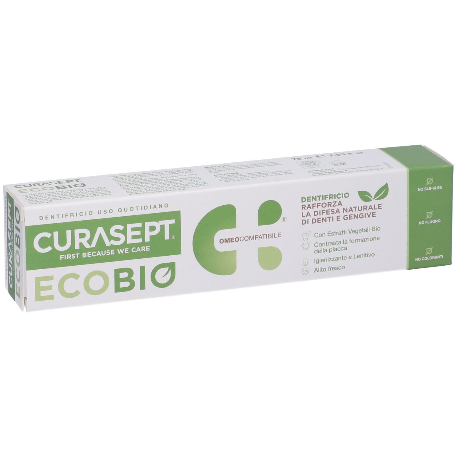 Curasept Ecobio Zahnpasta-Verpackung mit grünen und weißen Akzenten. Zeigt Markennamen und Produktinformationen.