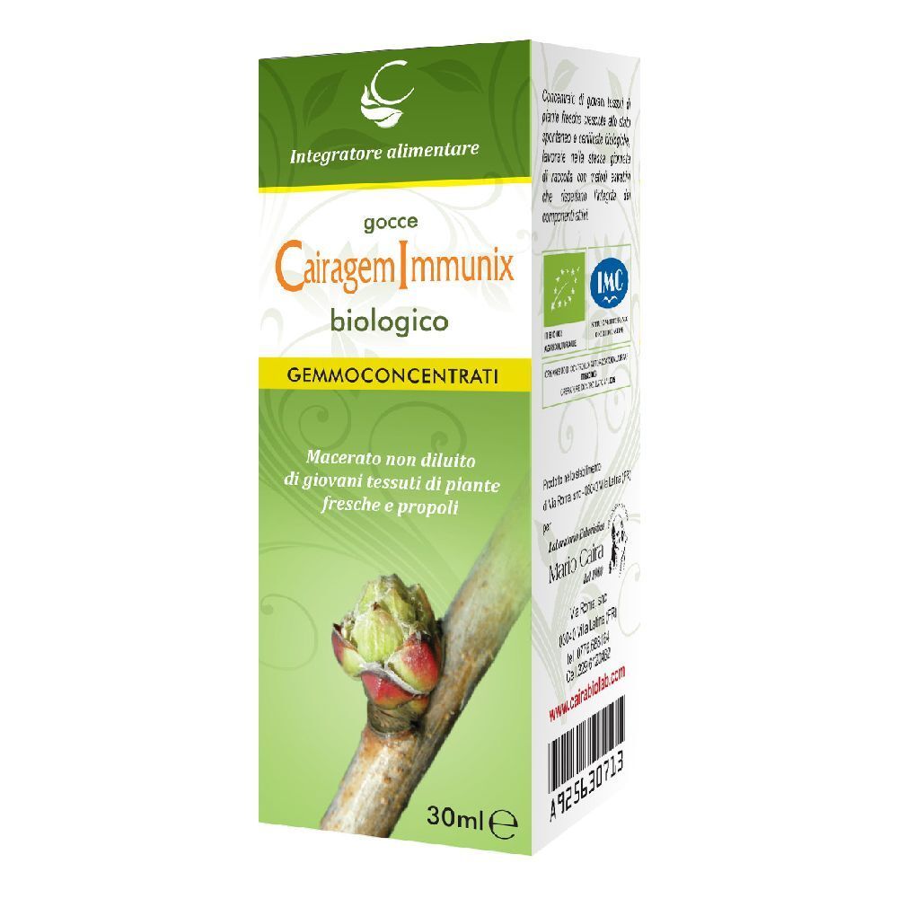 Scatola con etichetta. Scritto: Cairagem Immunix biologico, 30ml. Immagine di gemme e certificazione.