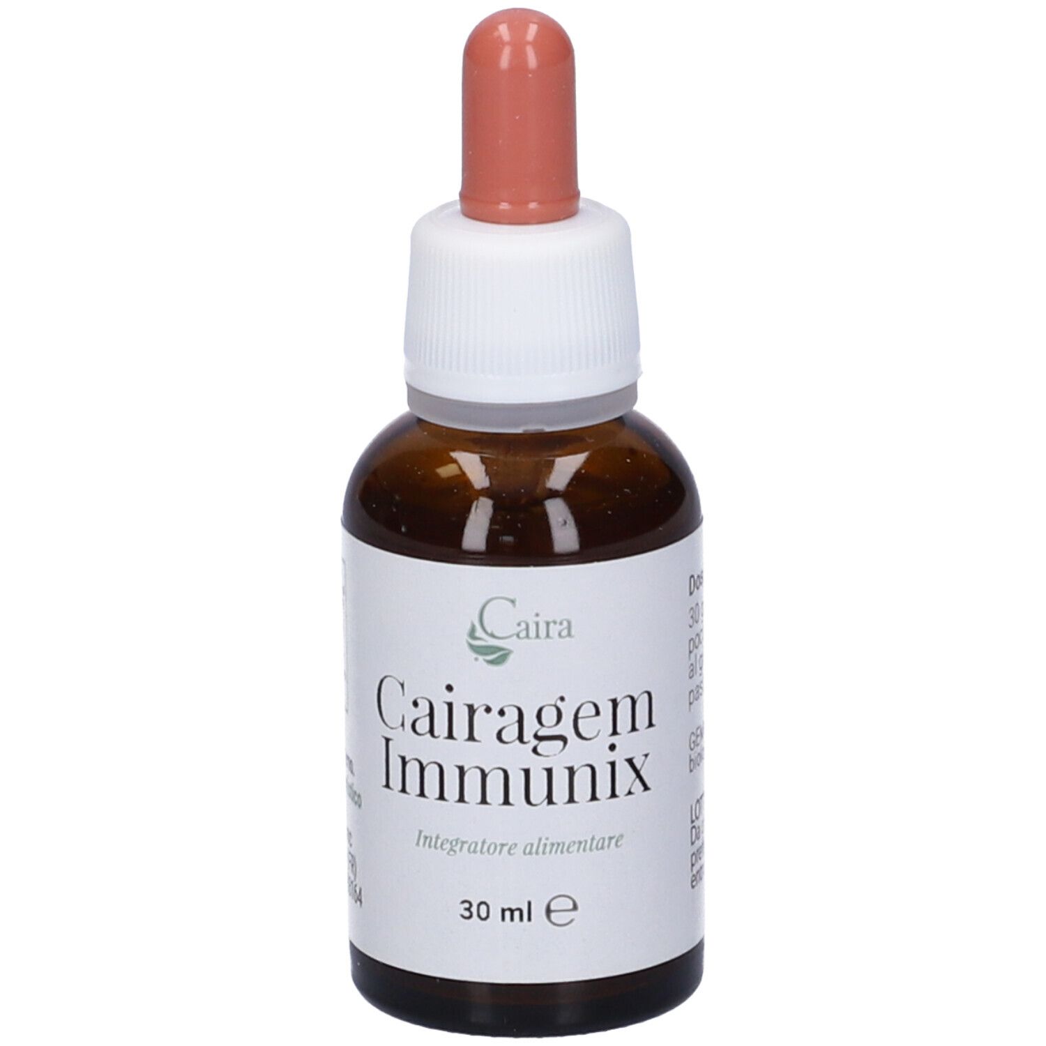 Flacone di vetro marrone con etichetta bianca. Scritto: Cairagem Immunix, 30 ml. Con contagocce.