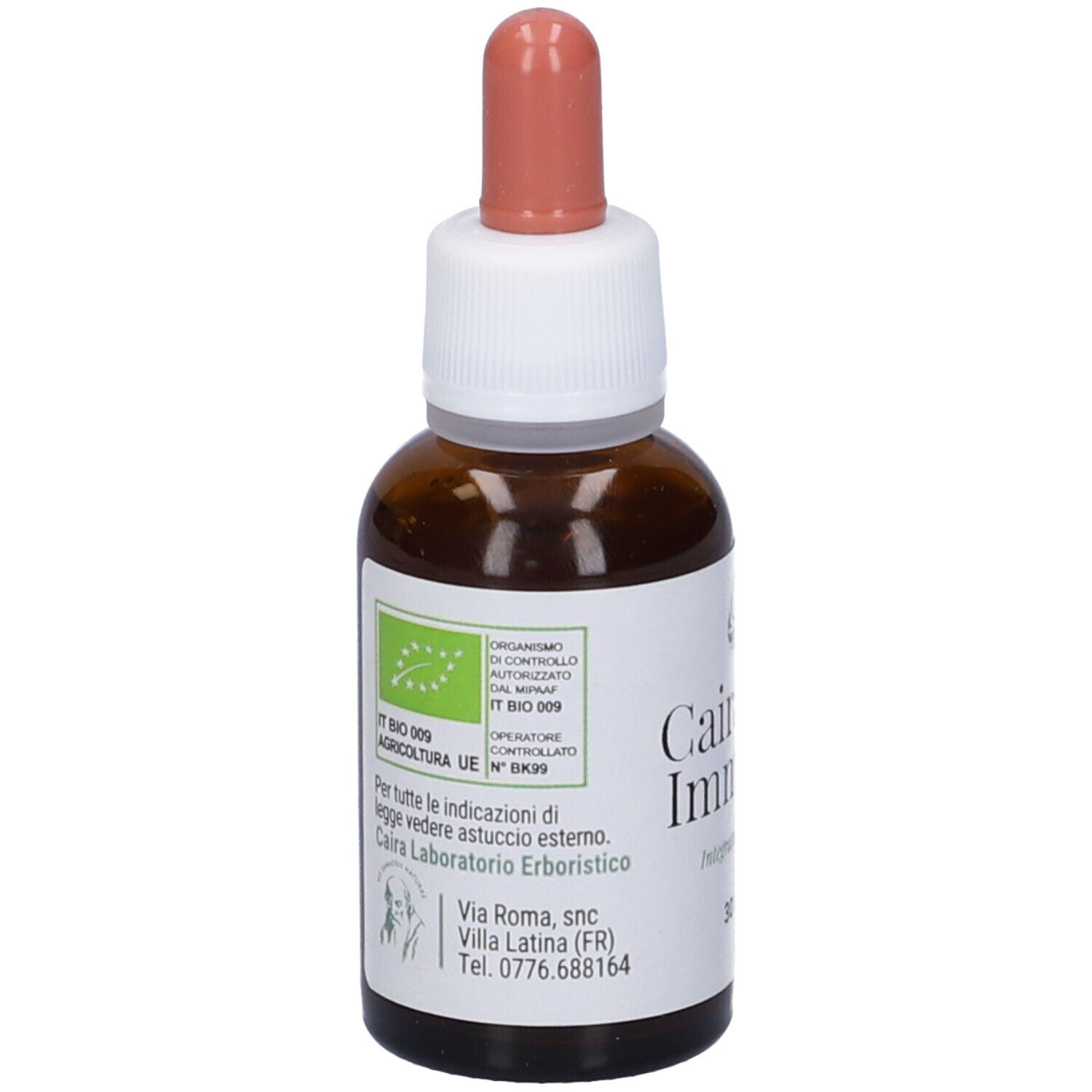 Flacone di vetro marrone con etichetta bianca. Scritto: Cairagem Immunix, 30 ml. Con contagocce e certificazione bio.