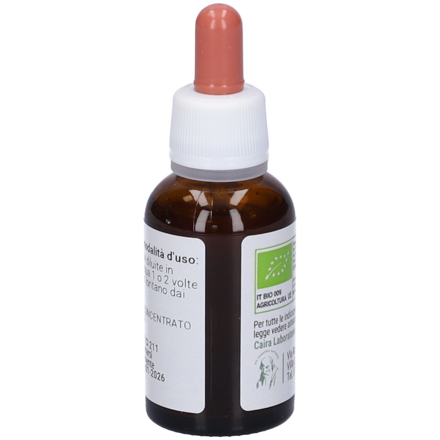 Flacone di vetro marrone con etichetta bianca. Scritto: Cairagem Immunix, 30 ml. Con contagocce e istruzioni per il dosaggio.