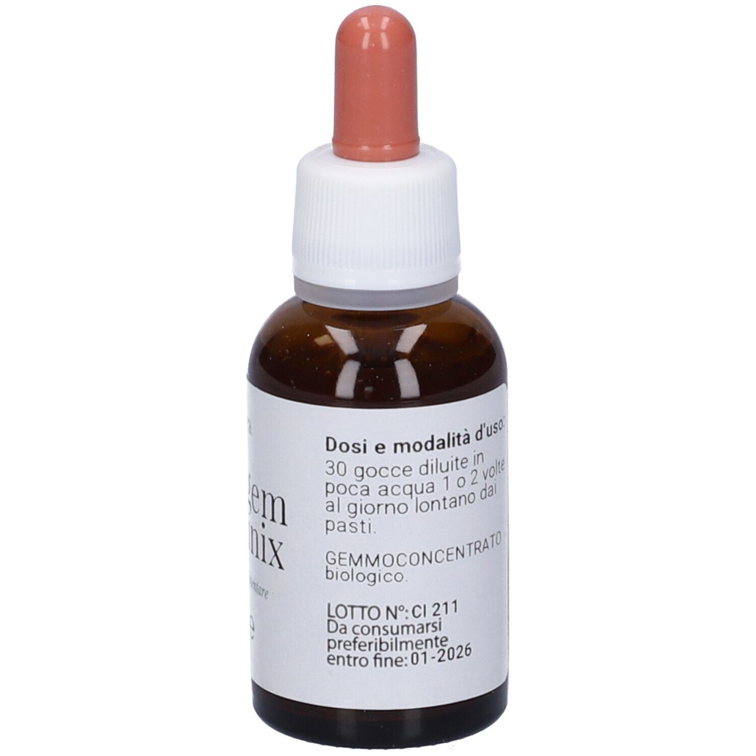 Flacone di vetro marrone con etichetta bianca. Scritto: Cairagem Immunix, 30 ml. Con contagocce e numero di lotto.