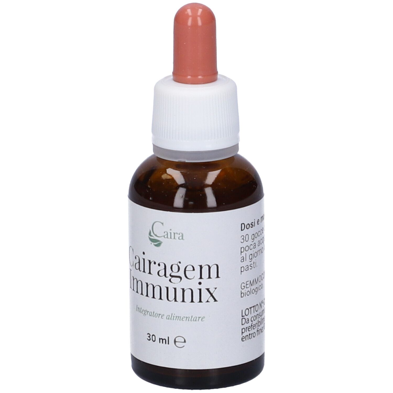 Flacone di vetro marrone con etichetta bianca. Scritto: Cairagem Immunix, 30 ml. Con contagocce e informazioni sul prodotto.