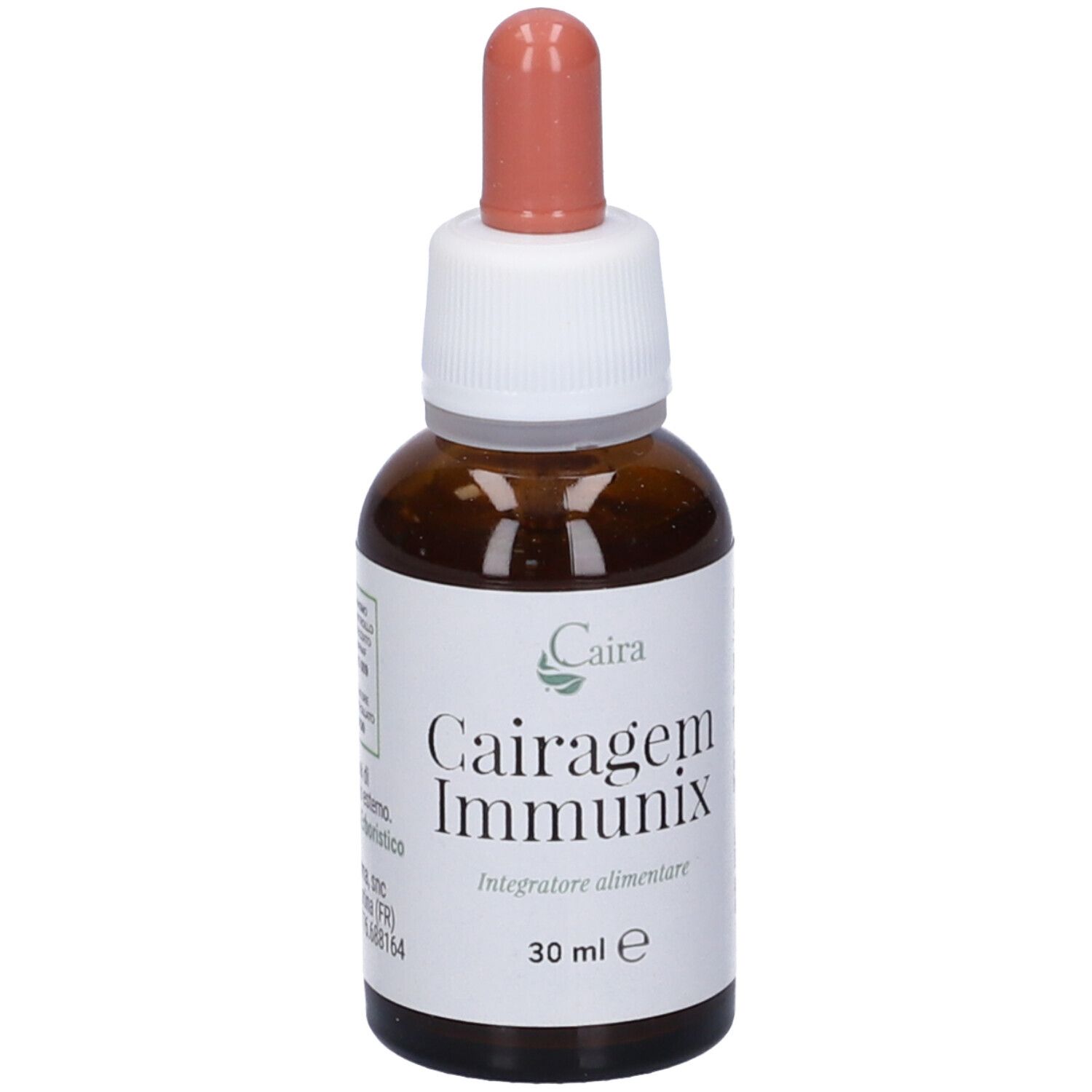 Flacone di vetro marrone con etichetta bianca. Scritto: Cairagem Immunix, 30 ml. Con contagocce e informazioni sul prodotto.