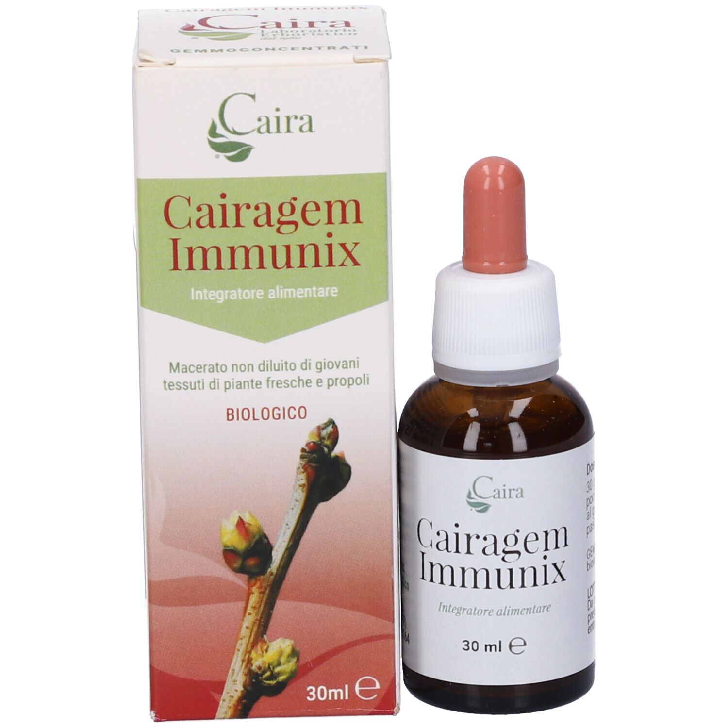 Confezione e flacone. Scritto: Cairagem Immunix, 30 ml. Con contagocce e immagine di gemme.