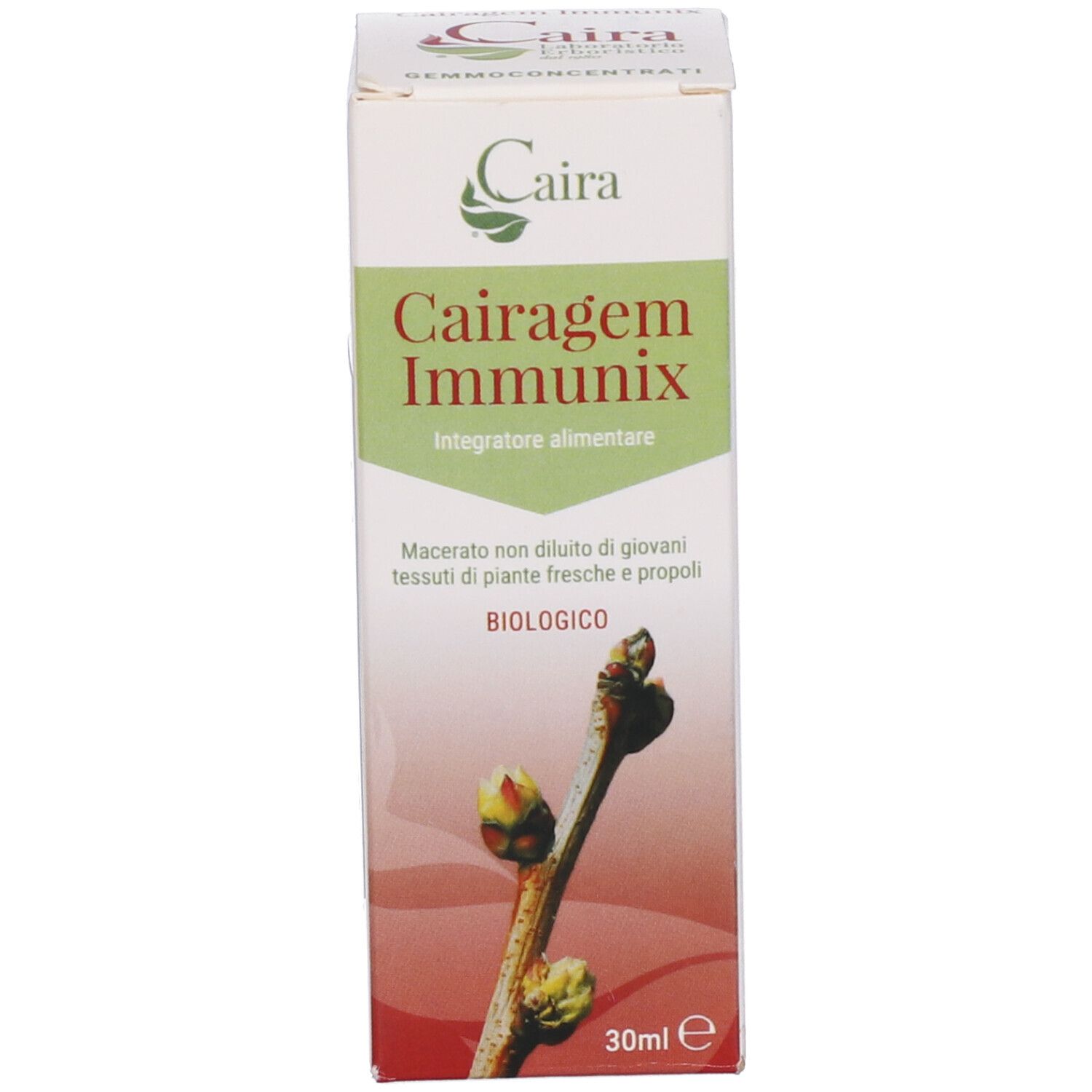 Confezione del prodotto. Scritto: Cairagem Immunix, 30 ml. Con immagine di gemme.