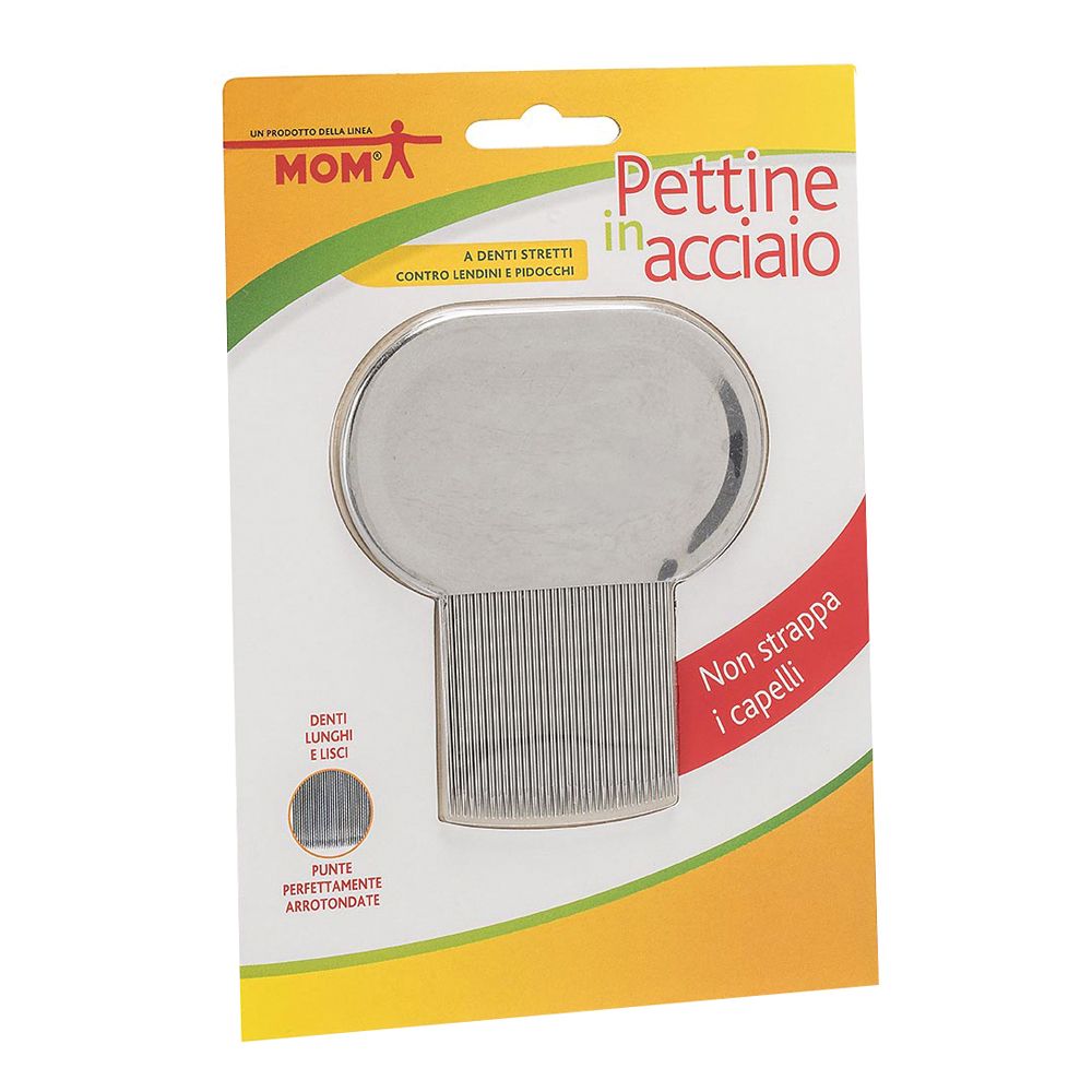 Metallkamm in Verpackung. Aufschrift: "Pettine in acciaio". Logo: MOM. Text: "A denti stretti contro lendini e pidocchi".