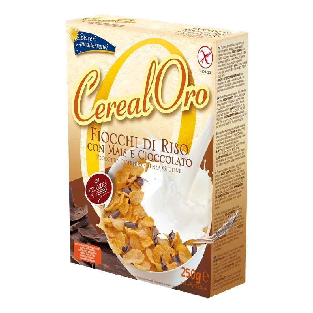 Piaceri Mediterranei Cereal Oro, Flocken mit Mais und Schokolade. Glutenfrei. 250g Packung.