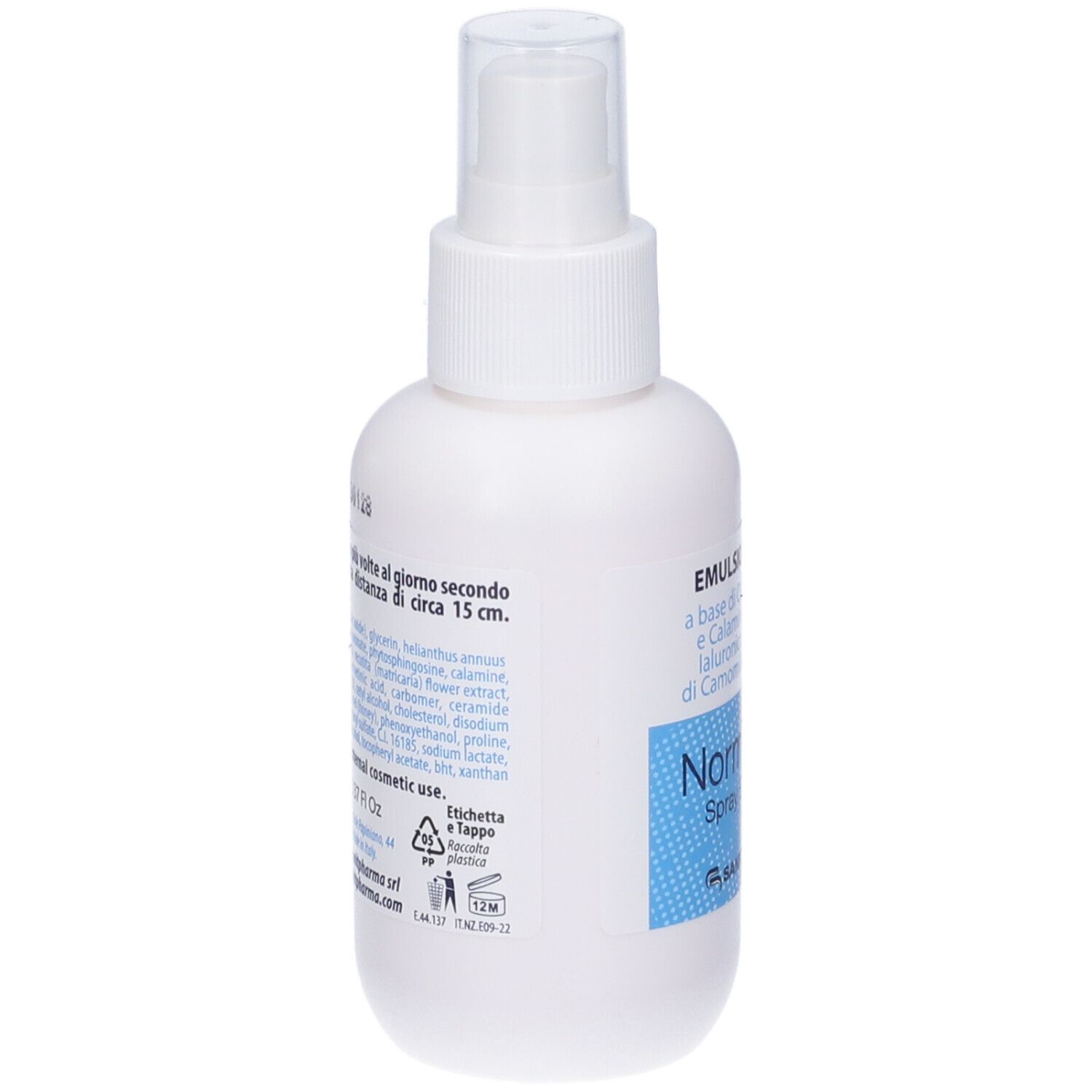 Flacone spray bianco, vista posteriore. Testo e simboli. Simbolo etichetta e tappo.