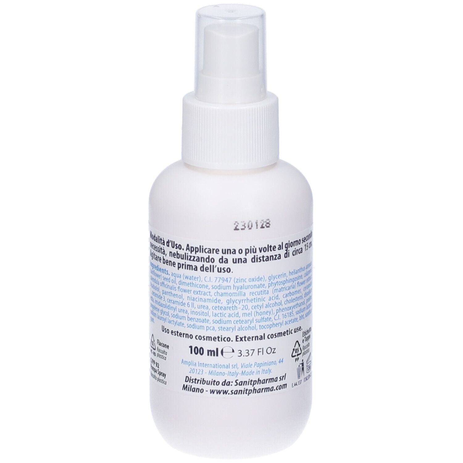 Flacone spray bianco, retro. Testo: Ingredienti, istruzioni per l'uso. Volume: 100 ml.