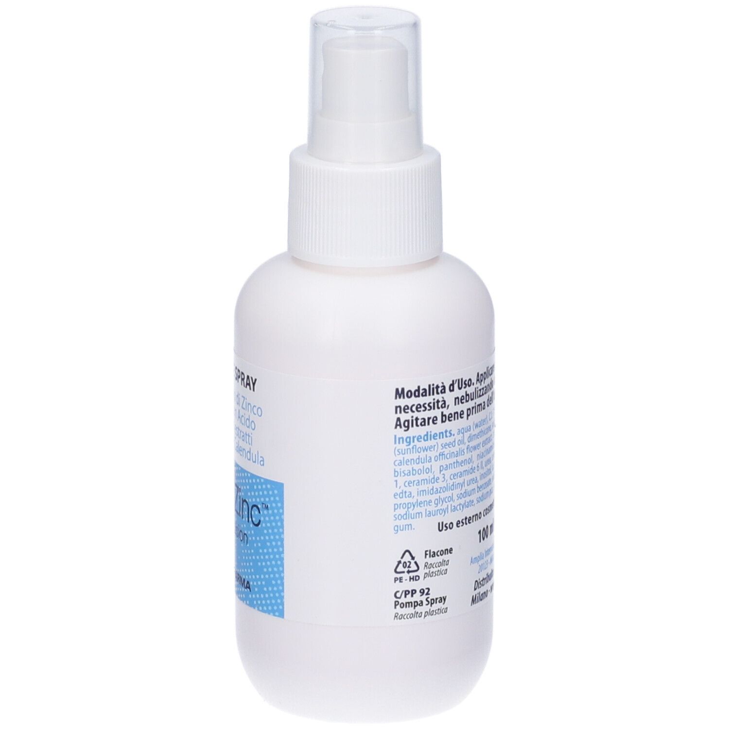 Flacone spray bianco, retro. Testo: Istruzioni per l'uso, ingredienti. Simboli di riciclaggio.
