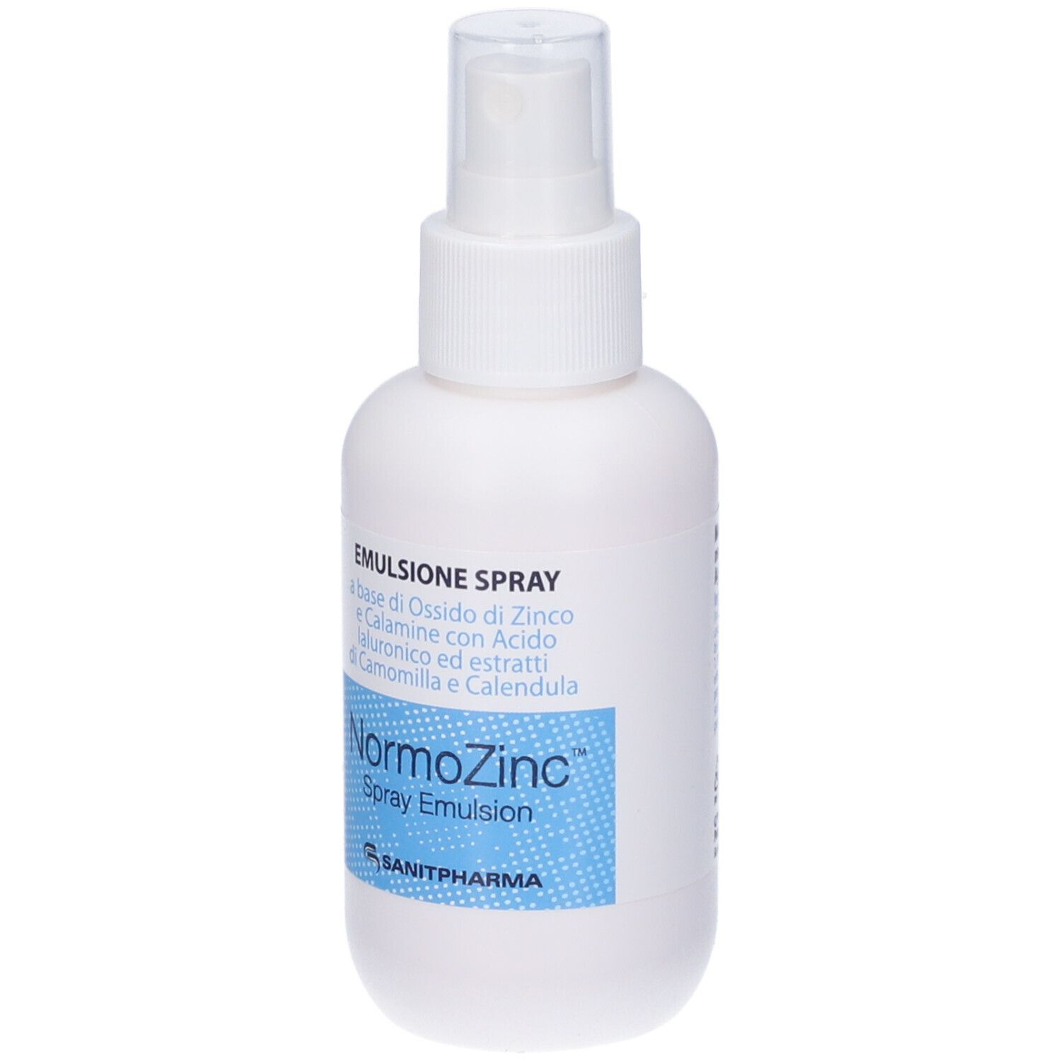 Flacone spray bianco con etichetta blu. Testo: NormoZinc Spray Emulsion. Logo del produttore.