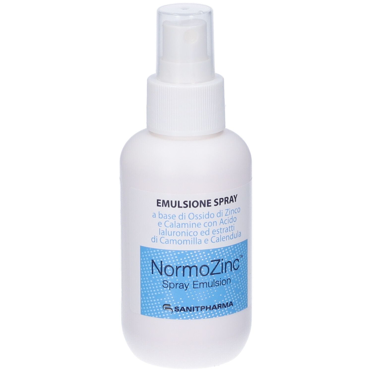 Flacone spray bianco con etichetta blu. Testo: NormoZinc Spray Emulsion. Logo del produttore.