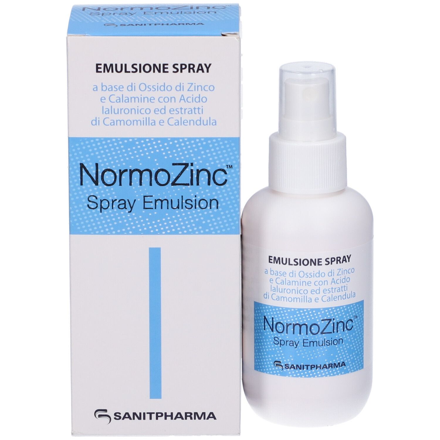 Confezione del prodotto e flacone spray. Testo: NormoZinc Spray Emulsion. Logo del produttore.