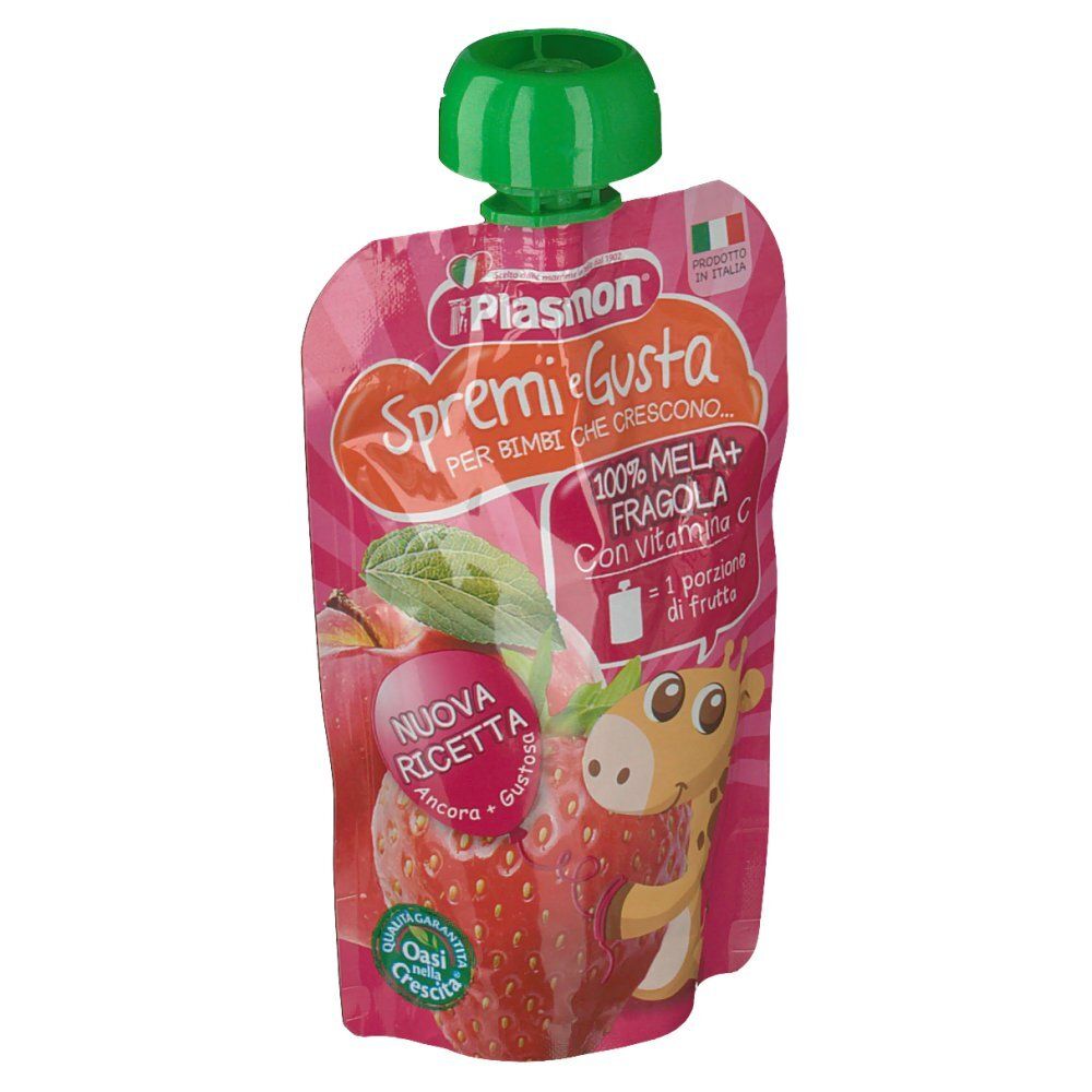 Rosa Quetschbeutel mit grünem Deckel. Aufdruck: Apfel, Erdbeere, Giraffe, Text. Produktname: Spremi e Gusta.