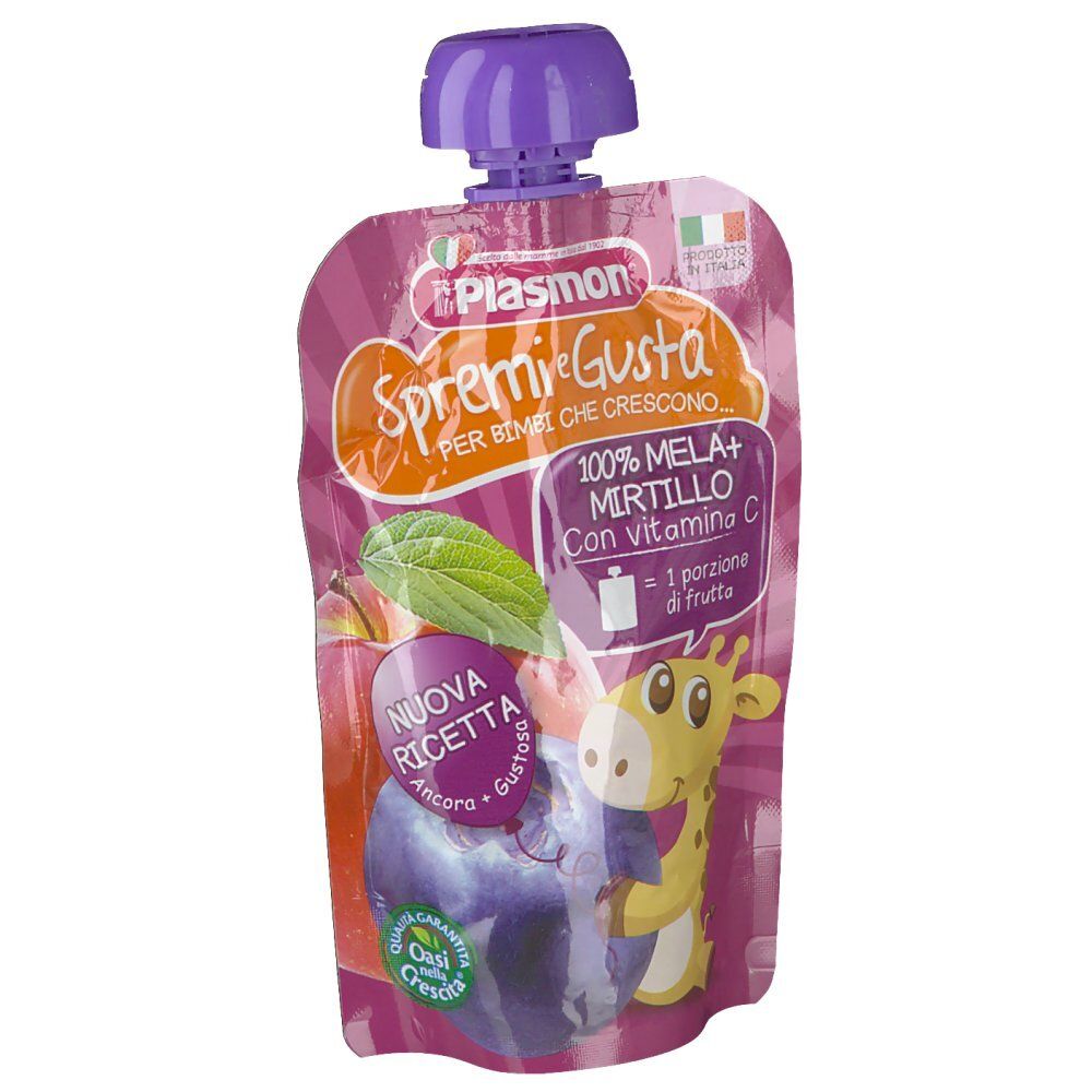 Beutel mit lila Verschluss. Aufdruck mit Obstabbildung und Text. Logo: Plasmon. Text: Spremi e Gusta.