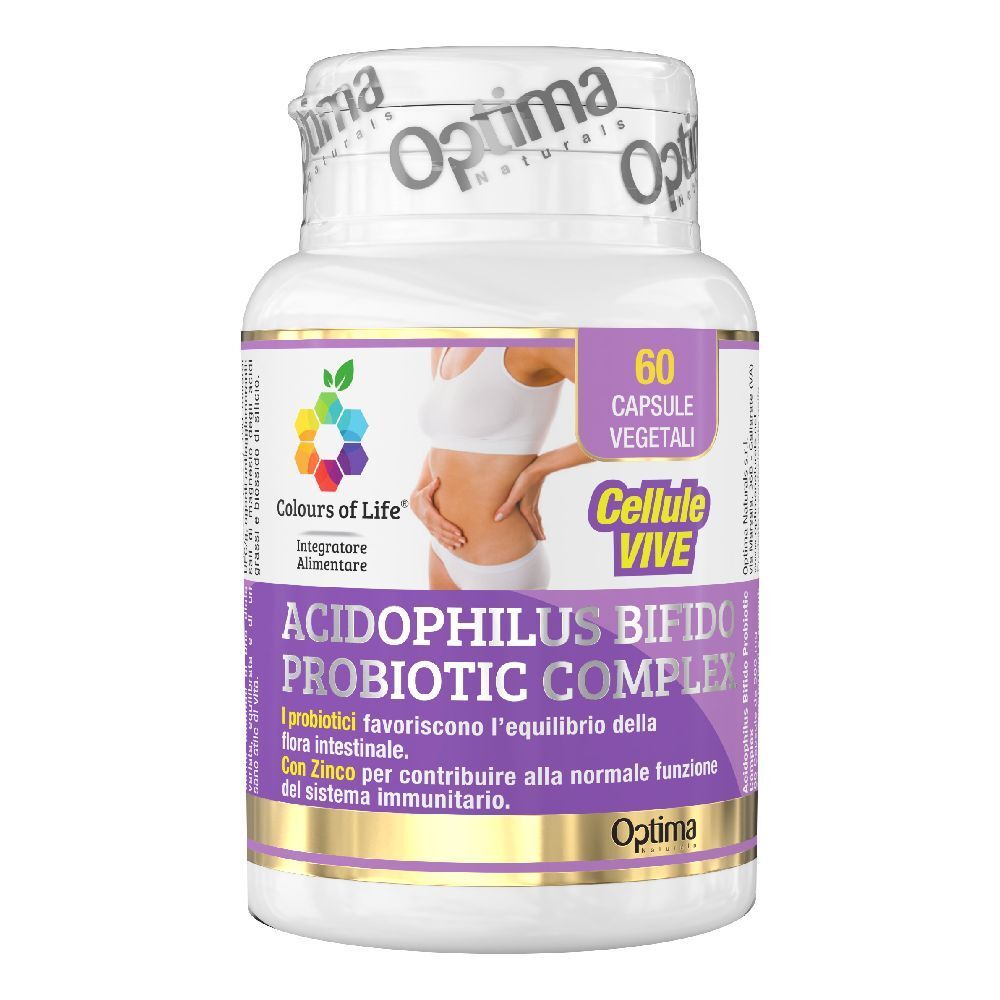 Weißes Fläschchen mit Kapseln. Aufschrift: Acidophilus Bifido Probiotic Complex, 60 Kapseln. Logo: Farben des Lebens.