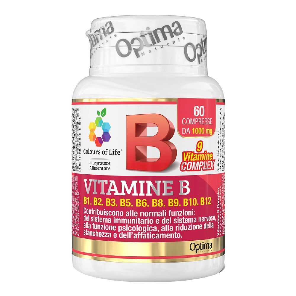 Optima Naturals Colours of Life® Vitamina B Complex. Flacone bianco con 60 compresse. Etichetta rossa con informazioni.