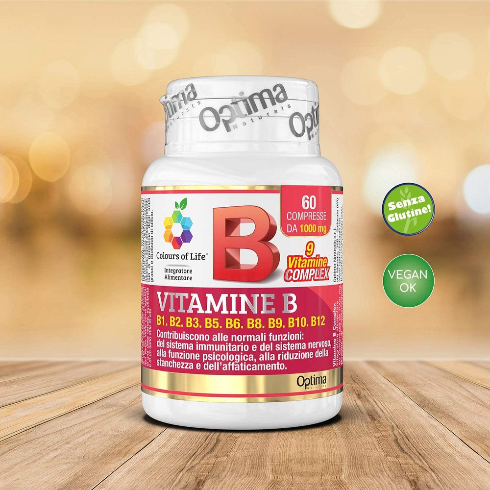 Flasche Vitamin B Komplex, 60 Tabletten, Colours of Life, "Vegan OK" Siegel.