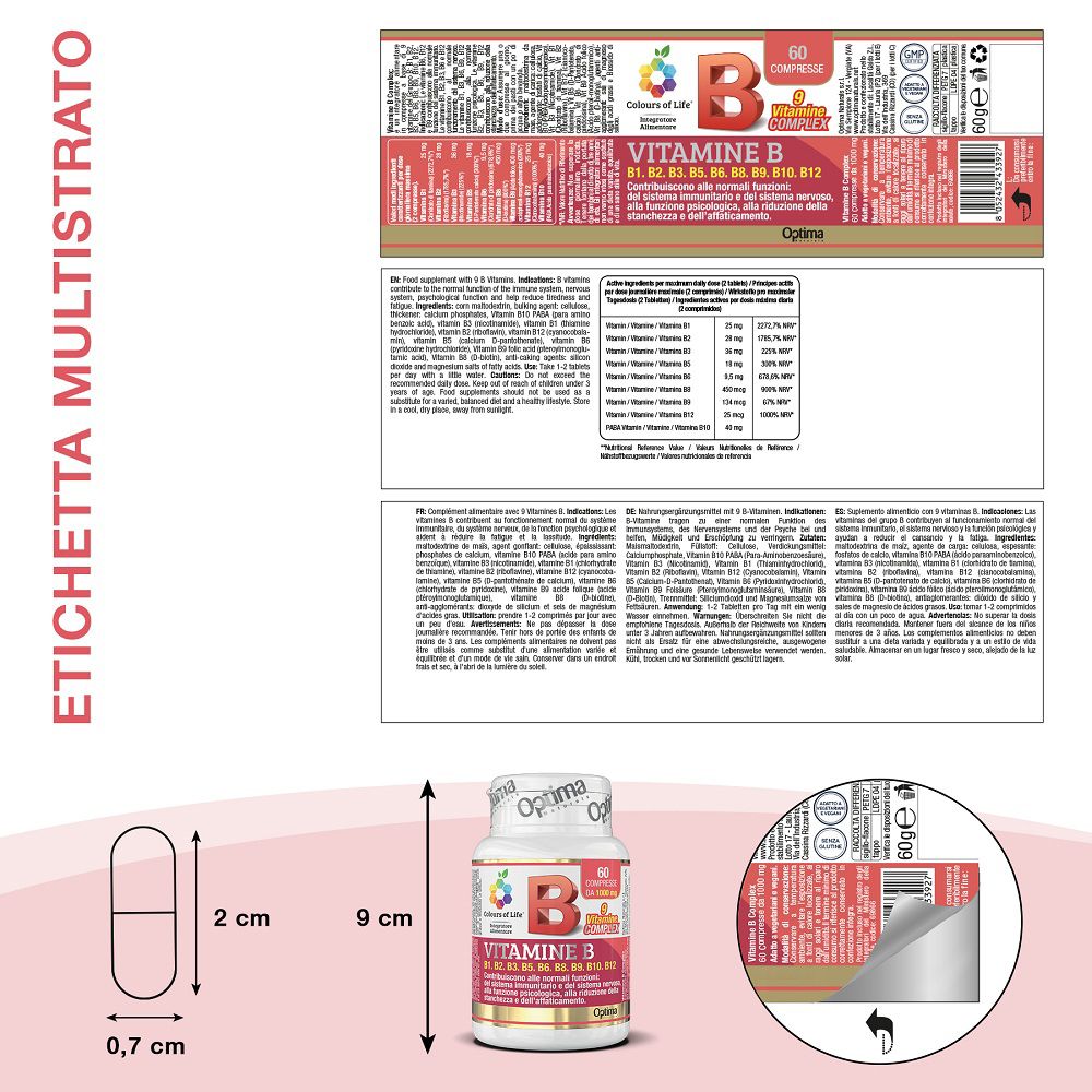 Etikett mit Produktinformationen und Abmessungen einer Tablette und Flasche.