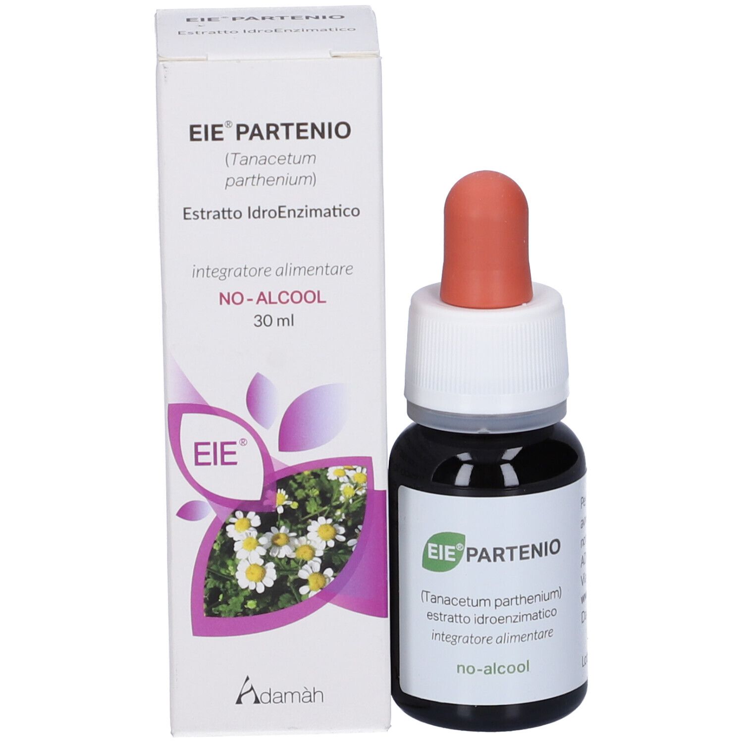 Flacone e confezione con scritta EIE Partenio. Contiene gocce. Scritta: NO-ALCOOL, 30 ml.