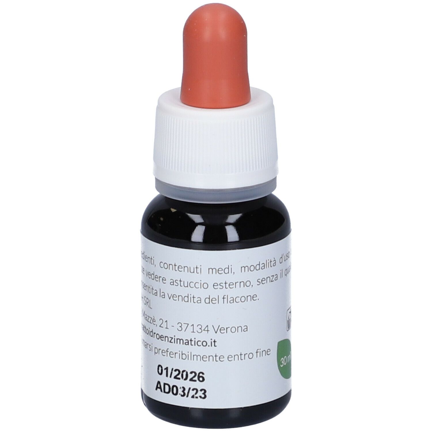 Flacone marrone con contagocce rosso. Scritta: EIE Partenio, 30 ml. Contiene liquido. Con testo.