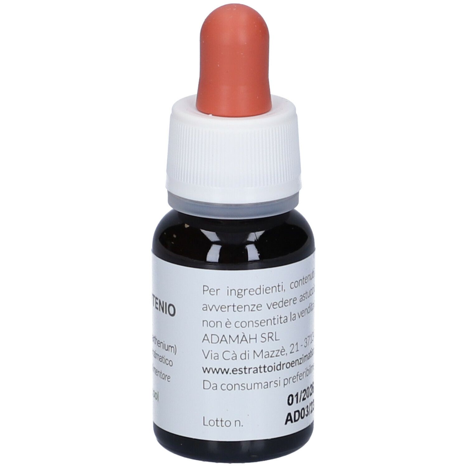 Flacone marrone con contagocce rosso. Scritta: EIE Partenio, 30 ml. Contiene liquido. Con testo.