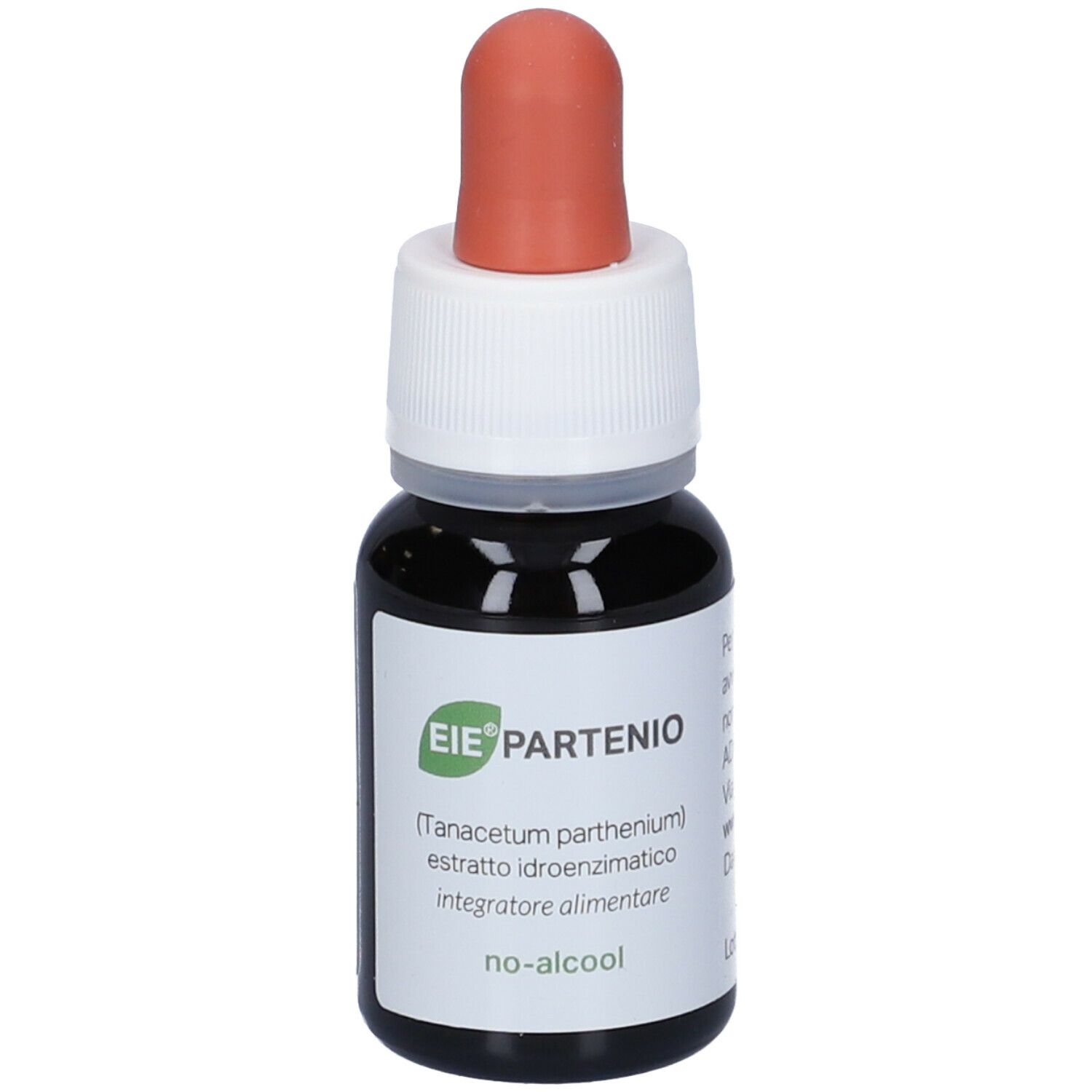 Flacone marrone con contagocce rosso. Scritta: EIE Partenio, 30 ml. Contiene liquido. Con testo.