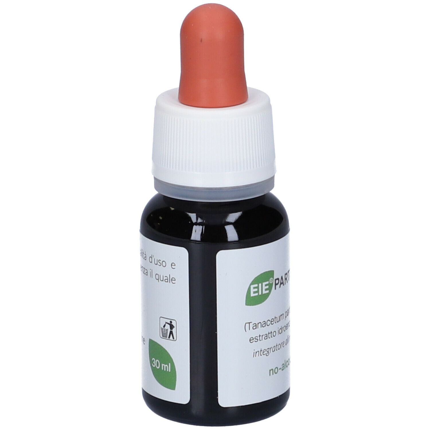 Flacone marrone con contagocce rosso. Scritta: EIE Partenio, 30 ml. Contiene liquido. Con testo.