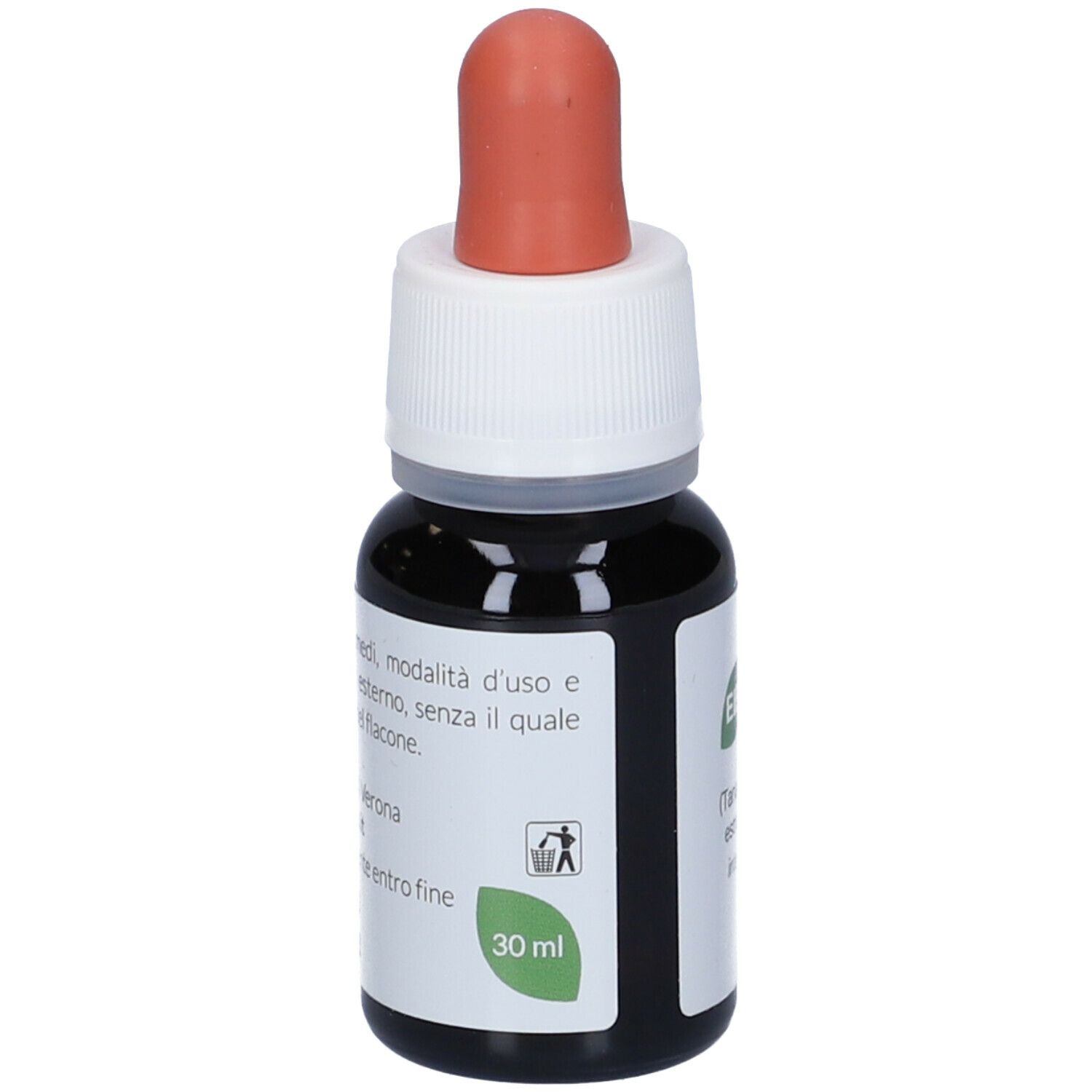 Flacone marrone con contagocce rosso. Scritta: EIE Partenio, 30 ml. Contiene liquido. Con testo.