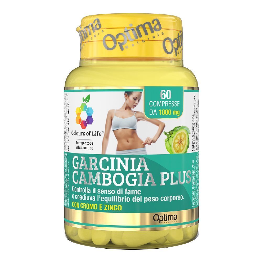 Gelbe Flasche mit Kapseln. Aufschrift: Garcinia Cambogia Plus. Enthält 60 Tabletten. Marke: Colours of Life.