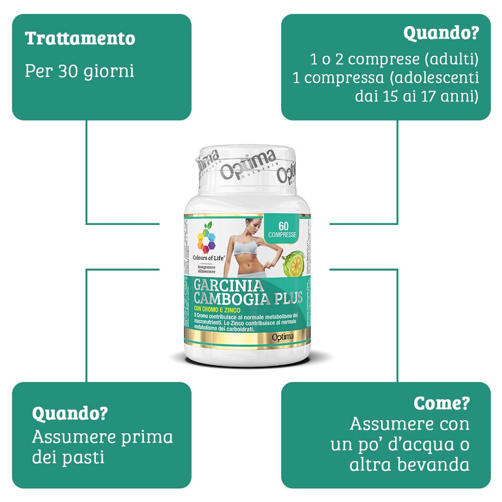 Schema zur Anwendung von Colours of Life Garcinia Cambogia PLUS: Dosierung, Einnahmezeit und Dauer.