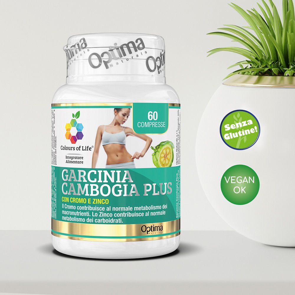 Flasche Colours of Life Garcinia Cambogia PLUS neben einem Topf, mit Siegeln 'Senza Glutine' und 'Vegan OK'.