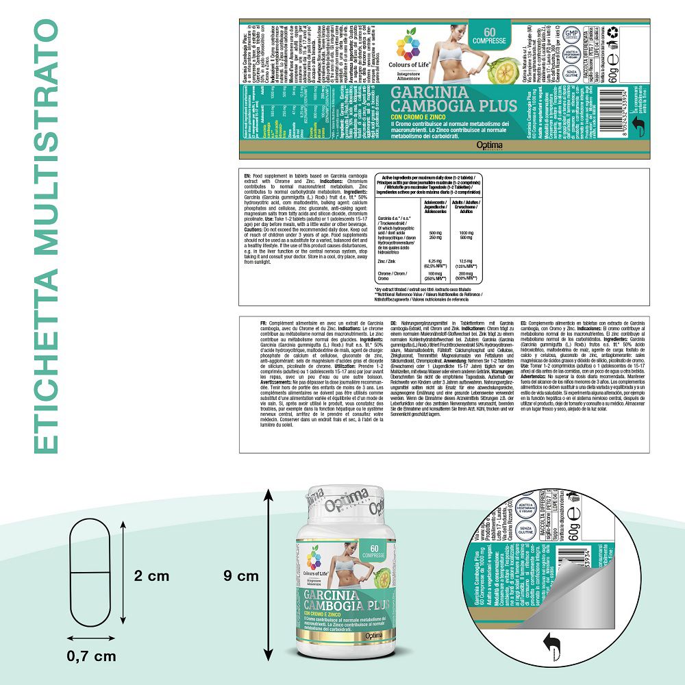 Etiketten und Maße für eine Kapsel (2 cm x 0,7 cm) und eine Flasche (9 cm Höhe) von Garcinia Cambogia PLUS.