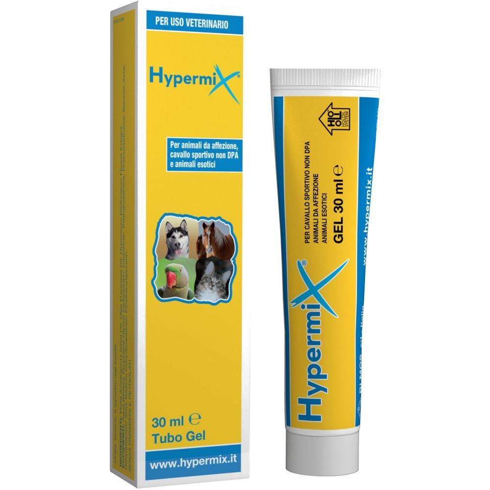 Tubo di gel e scatola con nome e logo del prodotto. Gel 30 ml. Per animali, cavalli ed esotici.