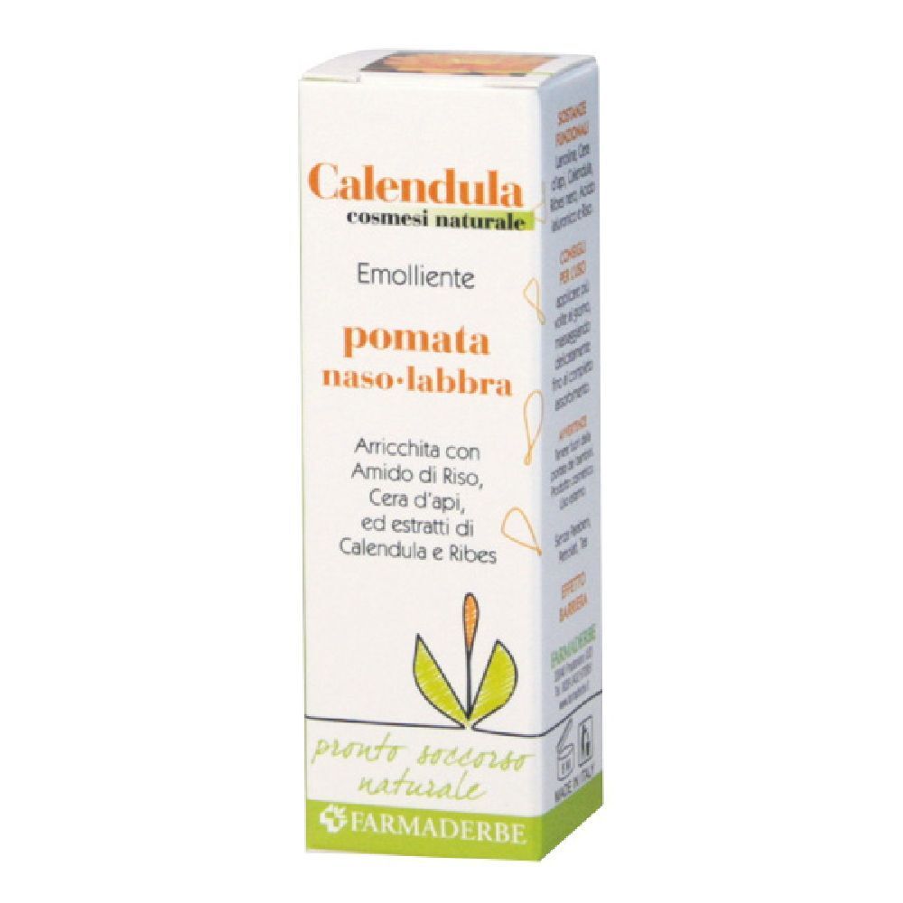 Confezione di Calendula Pomata Naso/Labbra. Contiene Amido di Riso, Cera d'api, ed estratti di Calendula e Ribes. Testo: Emolliente.