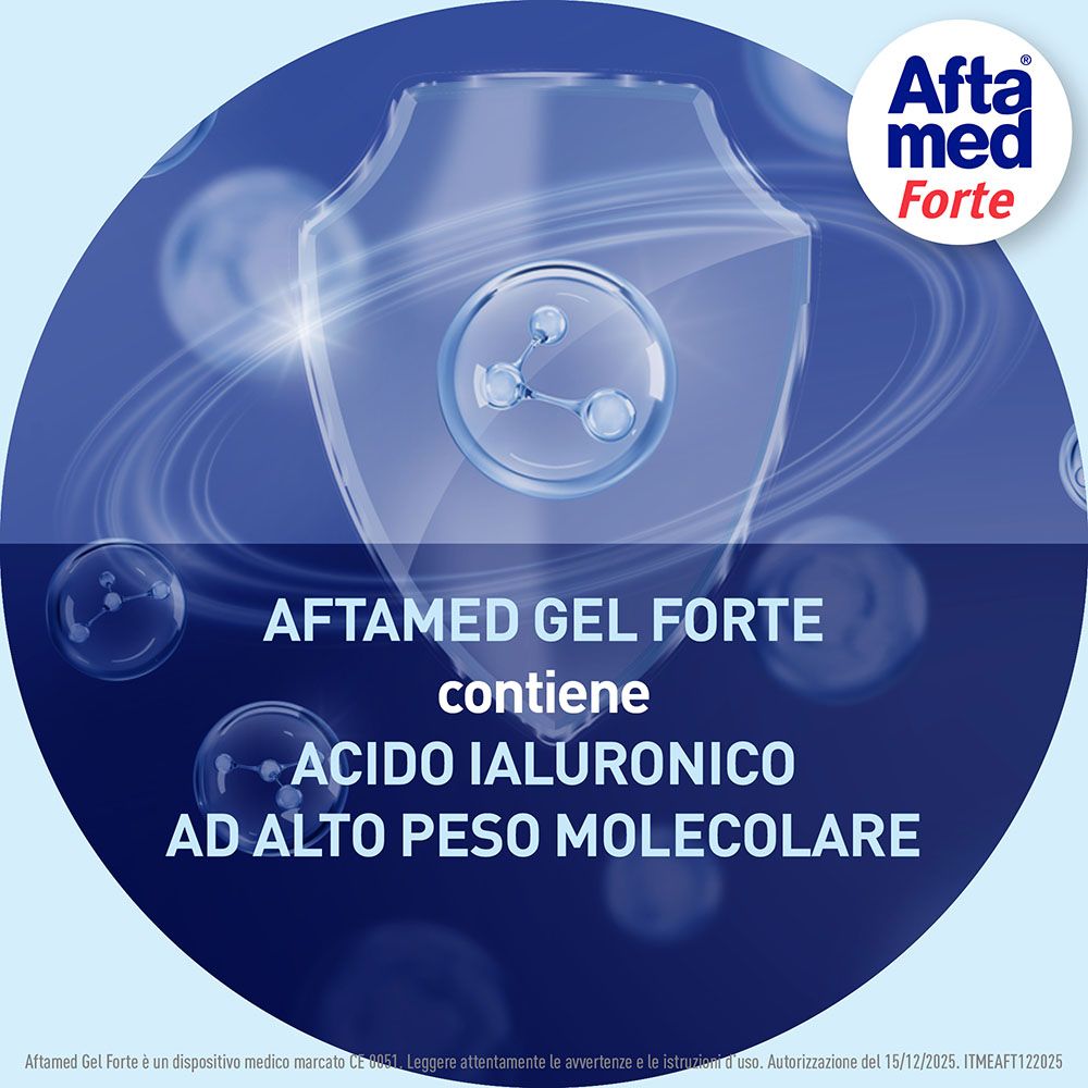 Molekülstruktur. Text: Aftamed Forte Gel enthält Hyaluronsäure mit hohem Molekulargewicht.