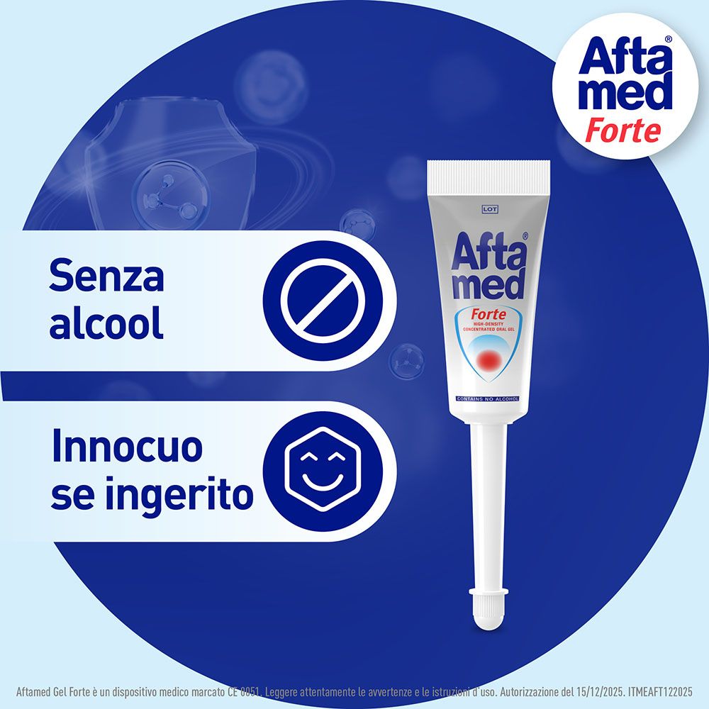 Aftamed Forte Gel Tube mit Applikator. Icons: Ohne Alkohol, Unbedenklich bei Einnahme.