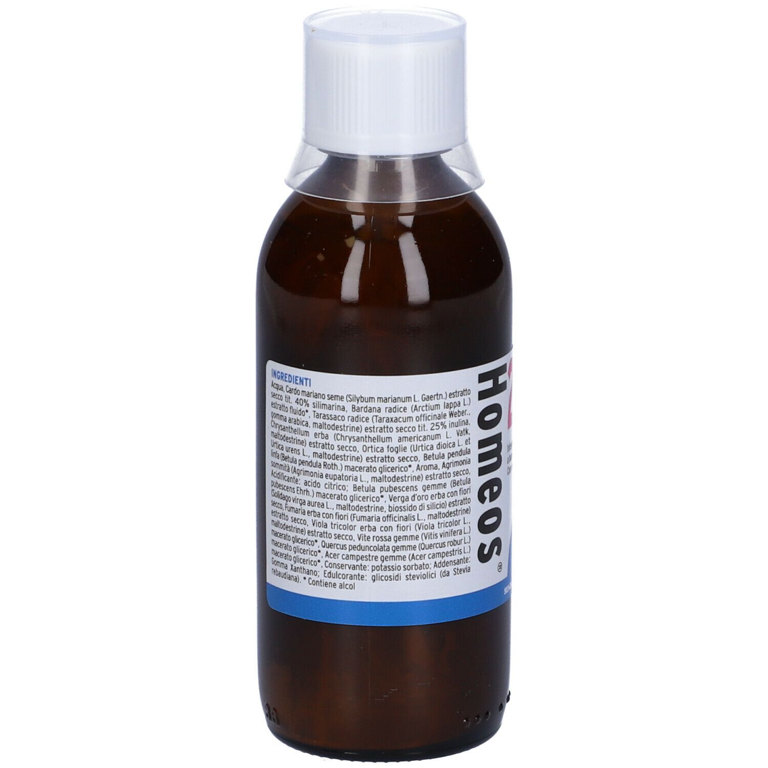 Flacone marrone con tappo bianco. Etichetta con ingredienti. Testo in italiano.