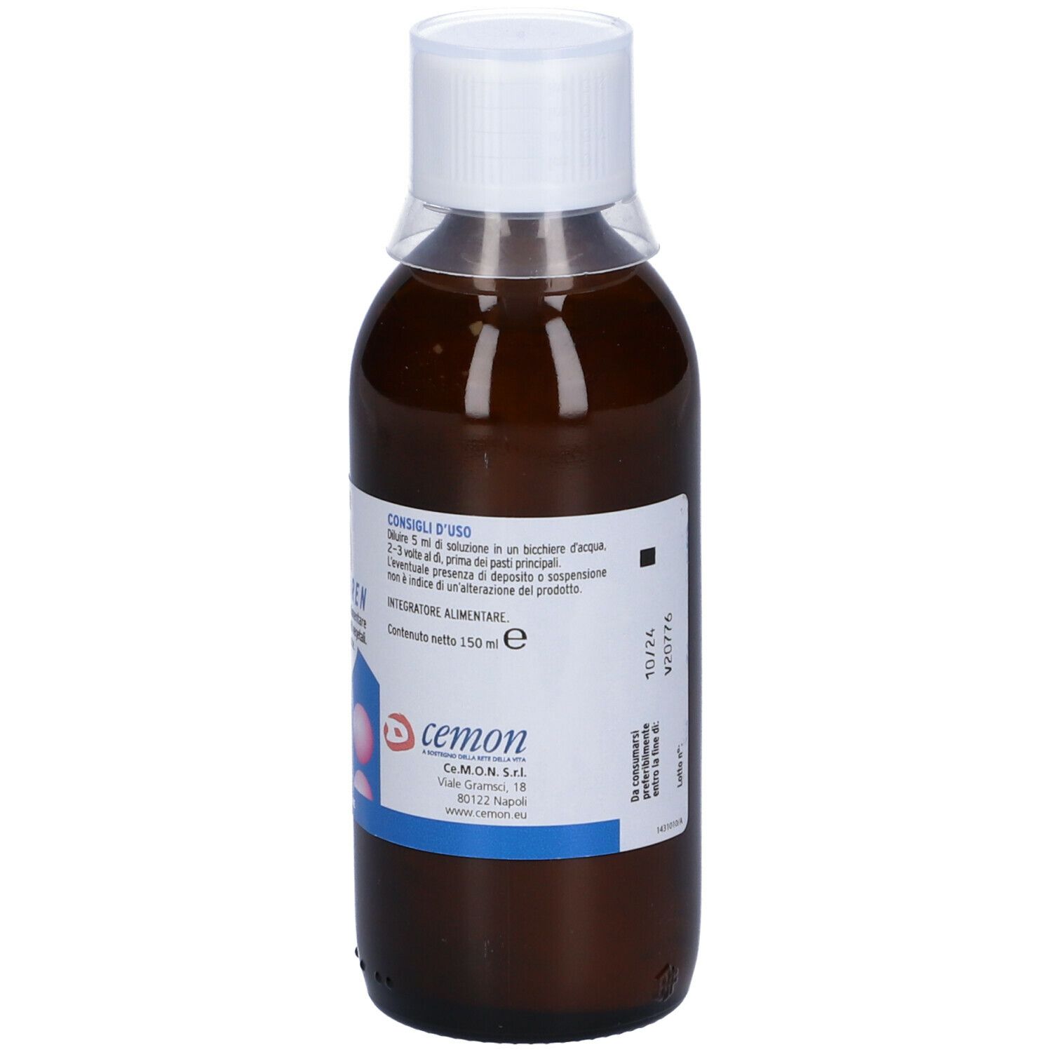 Flacone marrone con tappo bianco. Etichetta con consigli d'uso e informazioni produttore. 150 ml.